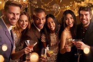 Portrait,Of,Friends,With,Drinks,Enjoying,Cocktail,Party