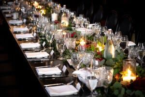 View,Down,An,Ornate,Wedding,Banquet,Table,,With,Crystal,Place