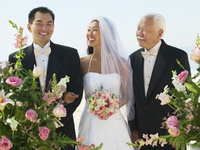 Asian,Bride,And,Groom,With,Father