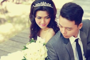 Portrait,Of,Romantic,Newlywed,Couple,Staring,Each,Other