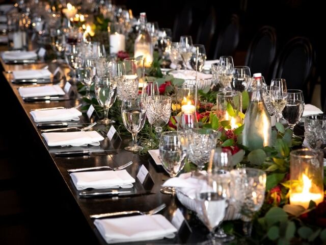 View,Down,An,Ornate,Wedding,Banquet,Table,,With,Crystal,Place