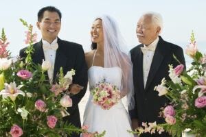 Asian,Bride,And,Groom,With,Father